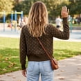 thumbnail image 6 of Womens Polka Dot Knit Cardigan Round Neck Single Button Long Sleeve Cropped Sweater Coat Lightweight Knitted Open Front Cardigan Casual Outerwear Brown L, 6 of 6