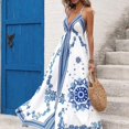 thumbnail image 5 of Blue & White Boho Maxi Dress With Spaghetti Straps, V-Neck, Backless Tie Detail And Ruffle Hem, 5 of 8