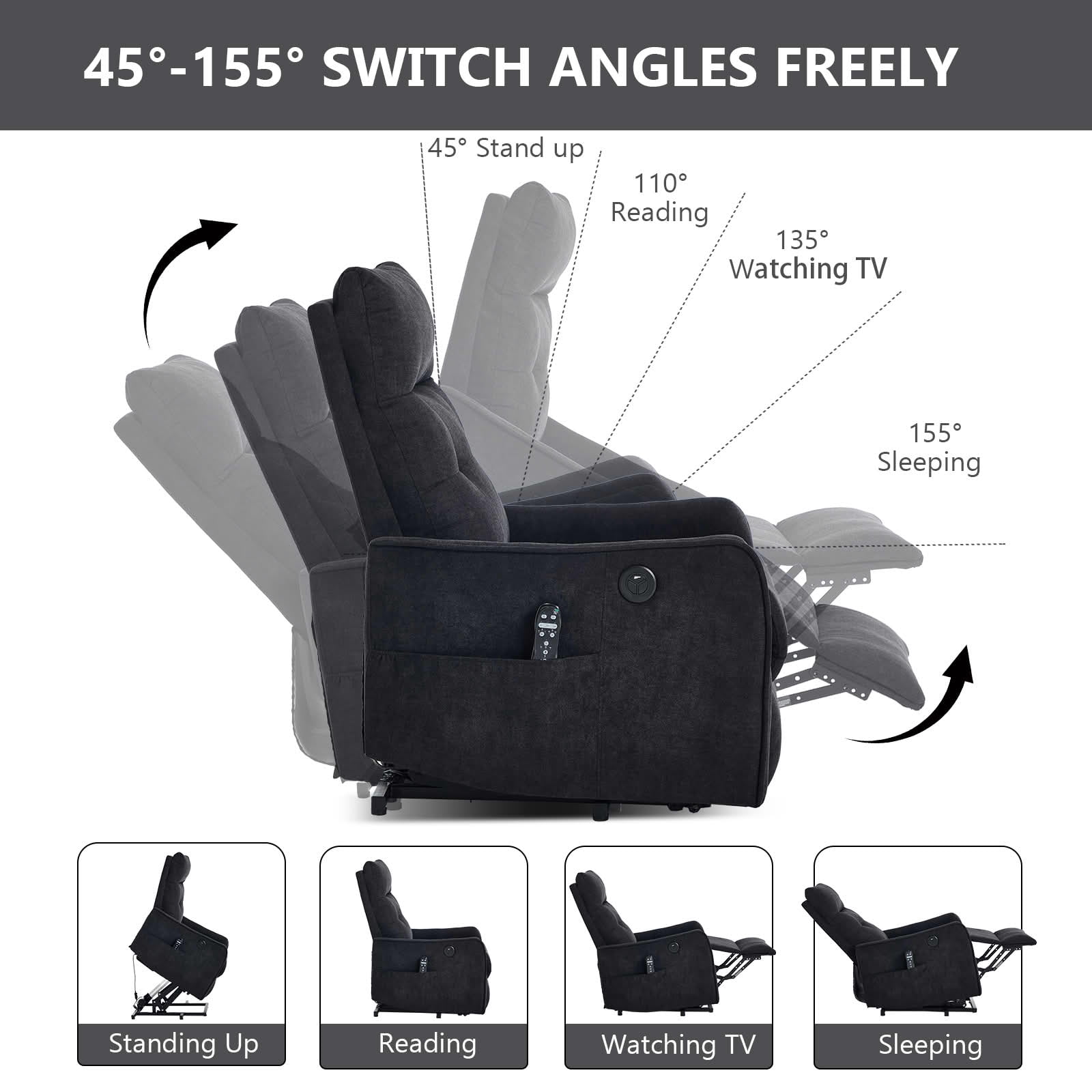 MAYEERTY Black Single Motor Power Lift Recliner, 155° Chenille Massage Heat Chair with USB for Elderly Living Room
