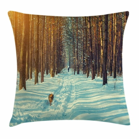 Dog Days Of Winter Pillows Winter Throw Pillow Cushion Cover, Skier Figure Running Dog in the Forest Winter Season Snow and Dead Nature, Decorative Square Accent Pillow Case, 18 X 18 Inches, Orange Brown Seafoam, by Ambesonne ()