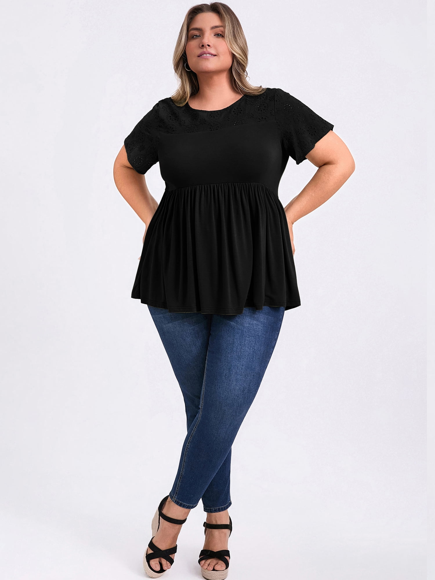 DARING DIVA Women's Plus Eyelet Embroidery Blouse with Ruffle Hem 1X Black