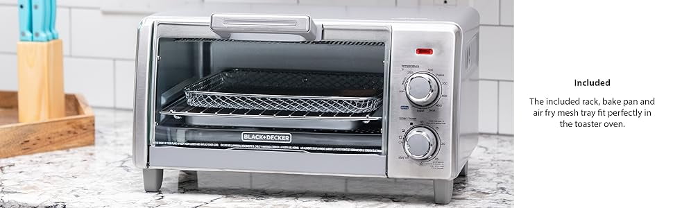 Open Box BLACK+DECKER Crisp ‘N Bake Air Fry 4-Slice Toaster Oven, Silver & Black, Fits 9 Inch Pizza, .35 Cubic Feet