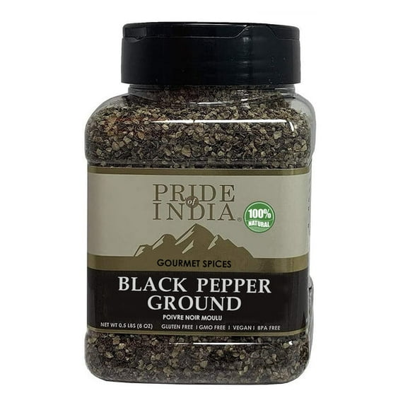 Pride of India – Black Pepper Ground – Ideal for Gourmet Dishes/ Soups/ Stews/ Rubs – Fresh & Preservatives Free – Warming Spice – Easy to Use – 1.65 oz. Small Dual Sifter Jar