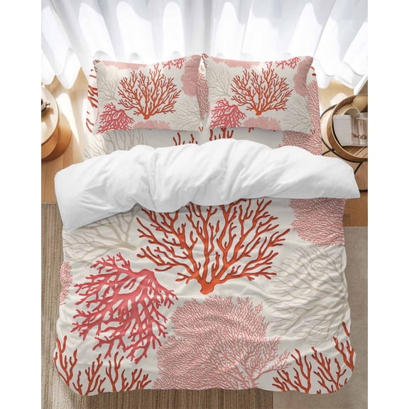 Coastal Ocean Coral Bedding Duvet Cover Set Queen Size 4 Pieces Red Pink Theme Pattern Bedding Set with Zipper Closure, 1 Comforter Cover 90x92 Inches 1 Flat Sheet & 2 Pillow Cases