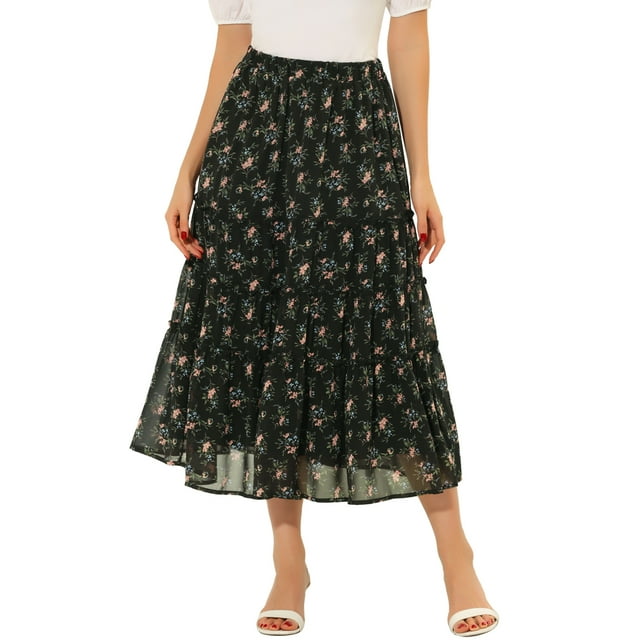 Unique Bargains Jupe Maxi à Volants à Étages à Imprimé Floral pour Femme, Noir, TP