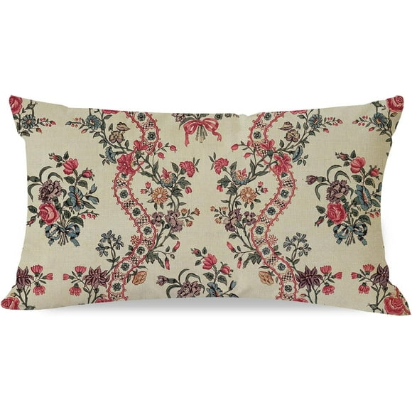 shiyou-French Floral Stripe Pillow Cover 12x20 Inch Vintage Roses Ribbons Outdoor Cottagecore Decor Victorian Style Lumbar Decorative Cushion Case Decoration for Home Sofa Couch Bed Living Room