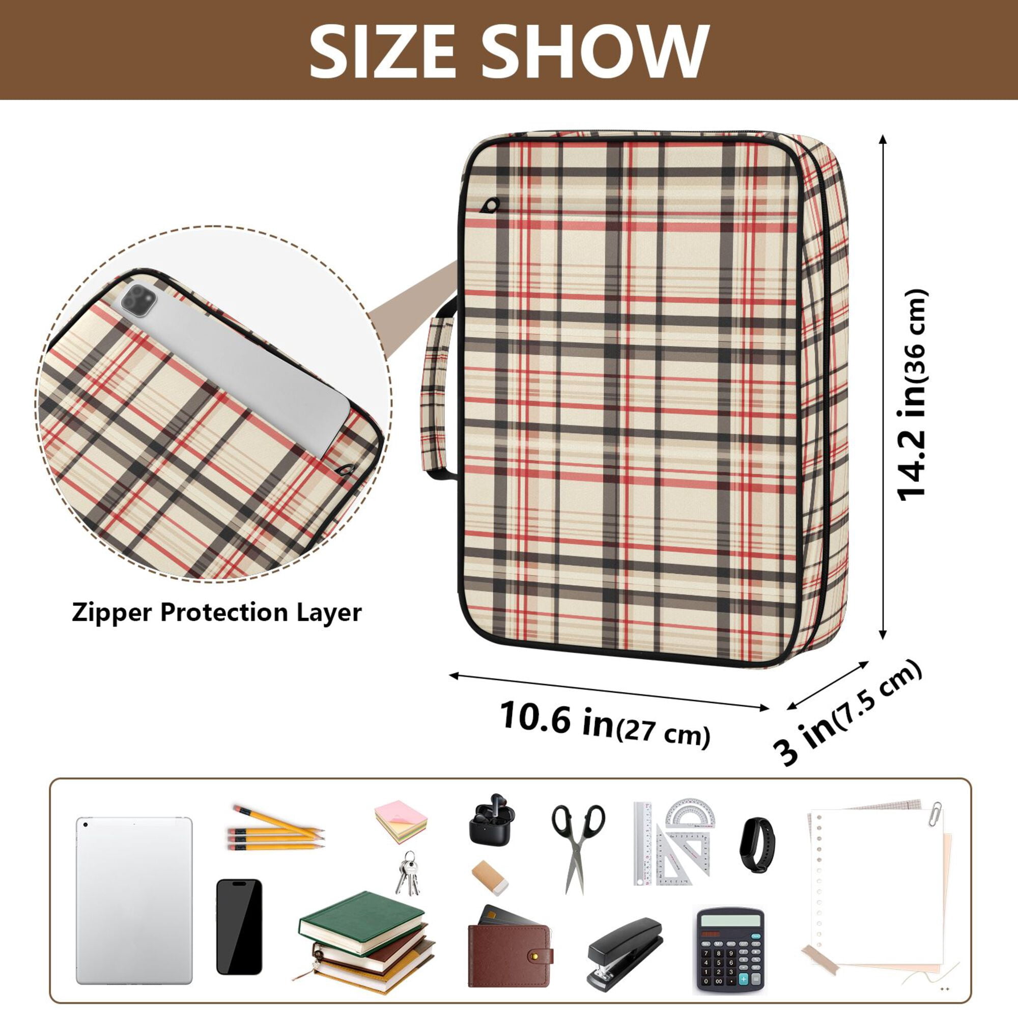 FORMRS Accordion File Folder A4 Size 7-Pocket Expanding Document Organizer Bag with 3 Ring Binder, Black Tartan