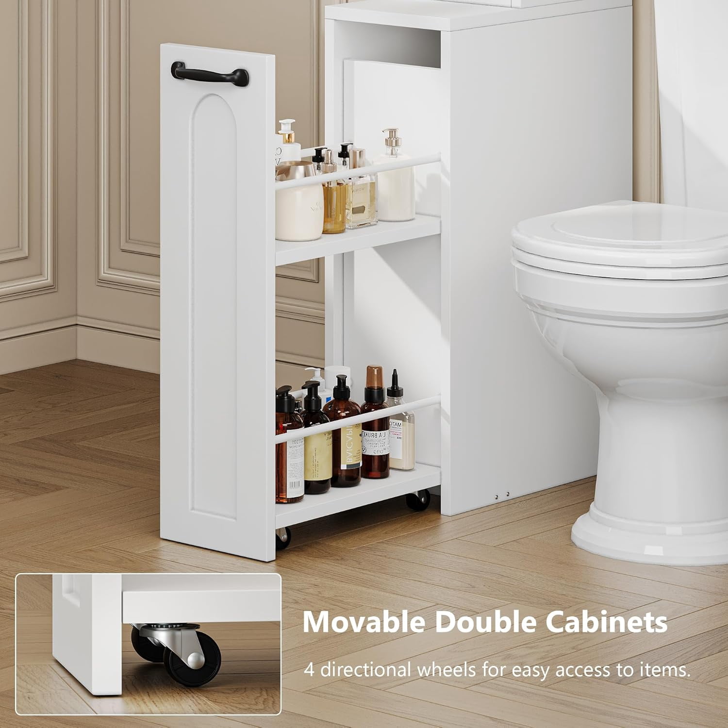 Laisnet Over the Toilet Storage Cabinet with Pulley, Toilet Paper Holder & Open Shelves, 7-Tier Wooden Bathroom Organizer