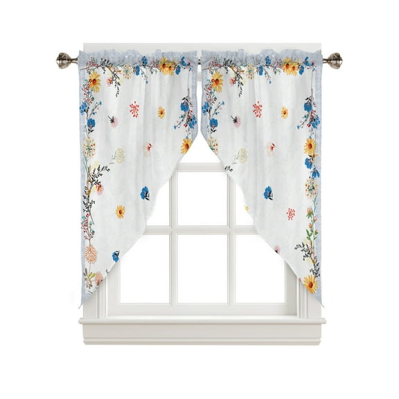 Swag Curtains, Spring Floral Colorful Flowers Blue Vintage Rod Pocket Kitchen Curtains Valances Tier Curtains Swag Valance Curtains for Bedroom Living Room 28" x 36", 2 Panels