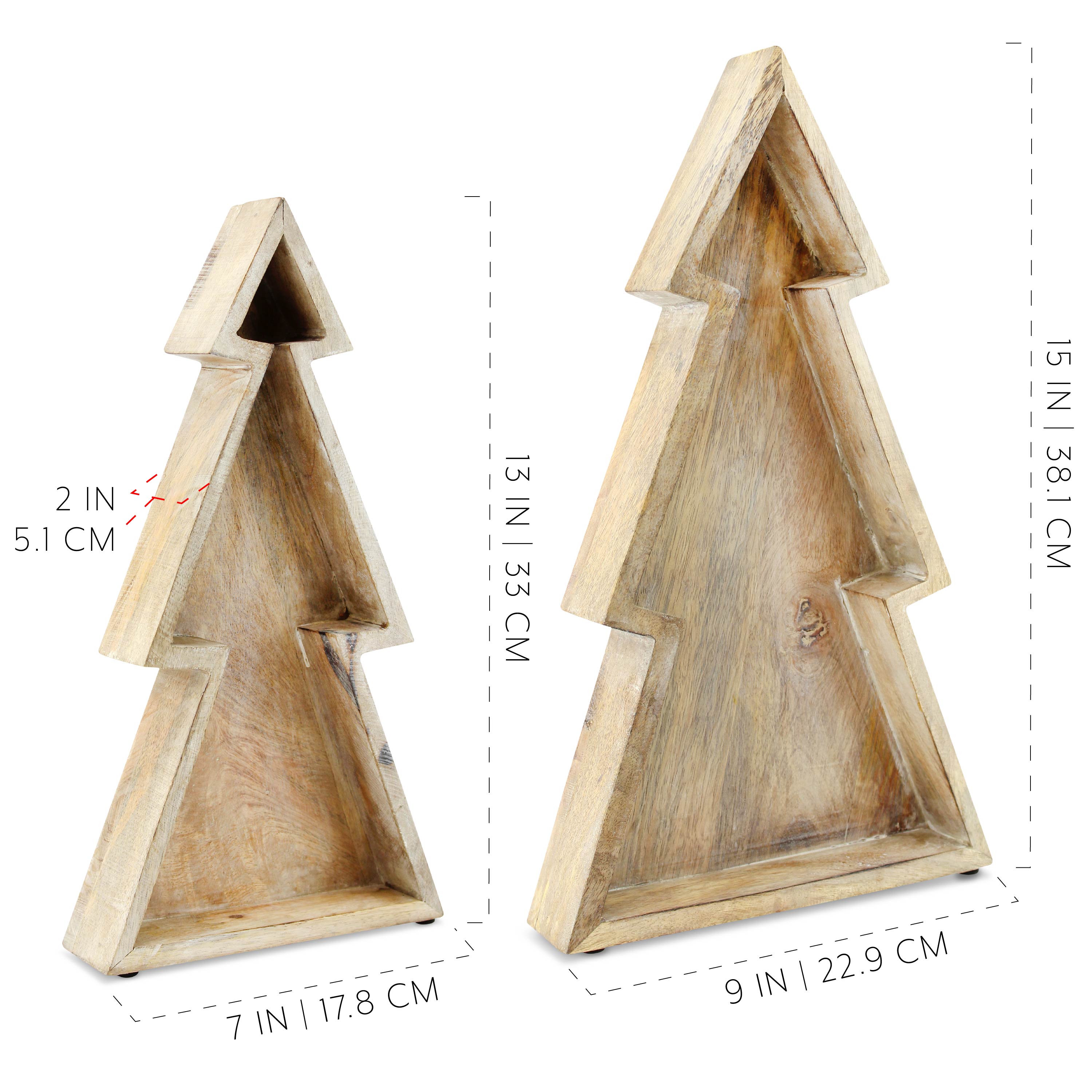 AuldHome Design Wooden Christmas Tree Trays (Nested Set of 2, Natural), Distressed Rustic Farmhouse Style Holiday Christmas Serving Decorative Platters