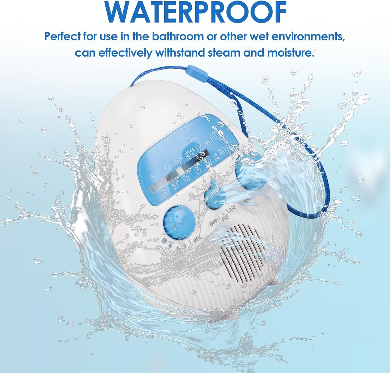 Waterproof Shower Radio, Portable AM/FM Bathroom Radio with Large Speaker for Crystal Clear Sound, Anti-Fog Design for Steamy Showers, Enjoy News & Music with Easy Knob Control.