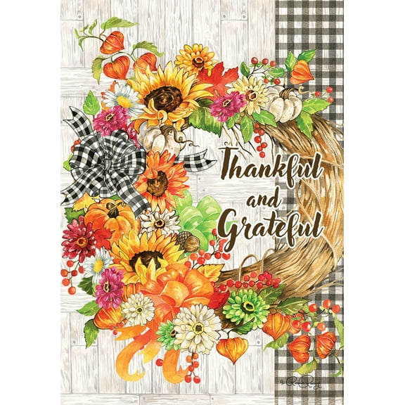 Thankful & Grateful Wreath - Garden Size, 12 x 18 Inch, Decorative Double Sided, Licensed and Copyrighted Flag , Printed in the USA