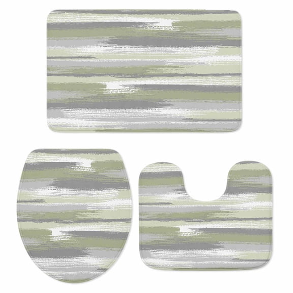 Sage Green Grey Lines Bathroom Rugs Set Abstract Mottled Paints Graffiti Texture Non Slip Absorbent Soft Bath Mats 3 Piece Set with Bathroom Rug, U-Shaped Floor Mat, Toilet Seat Cover Small Size