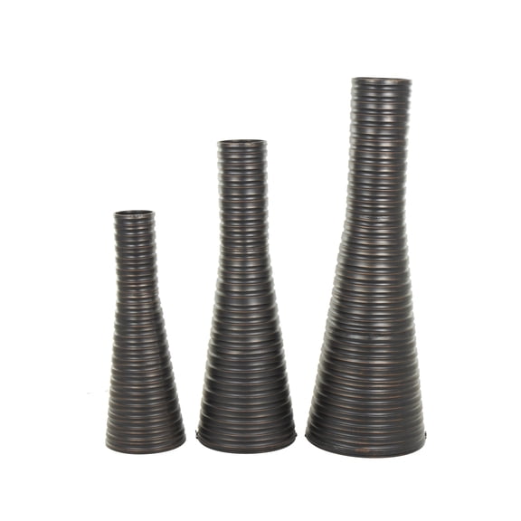 DecMode 56", 44", 34"H Ribbed Tall Cone Floor Bronze Metal Vase with Horizontal Grooves, Set of 3