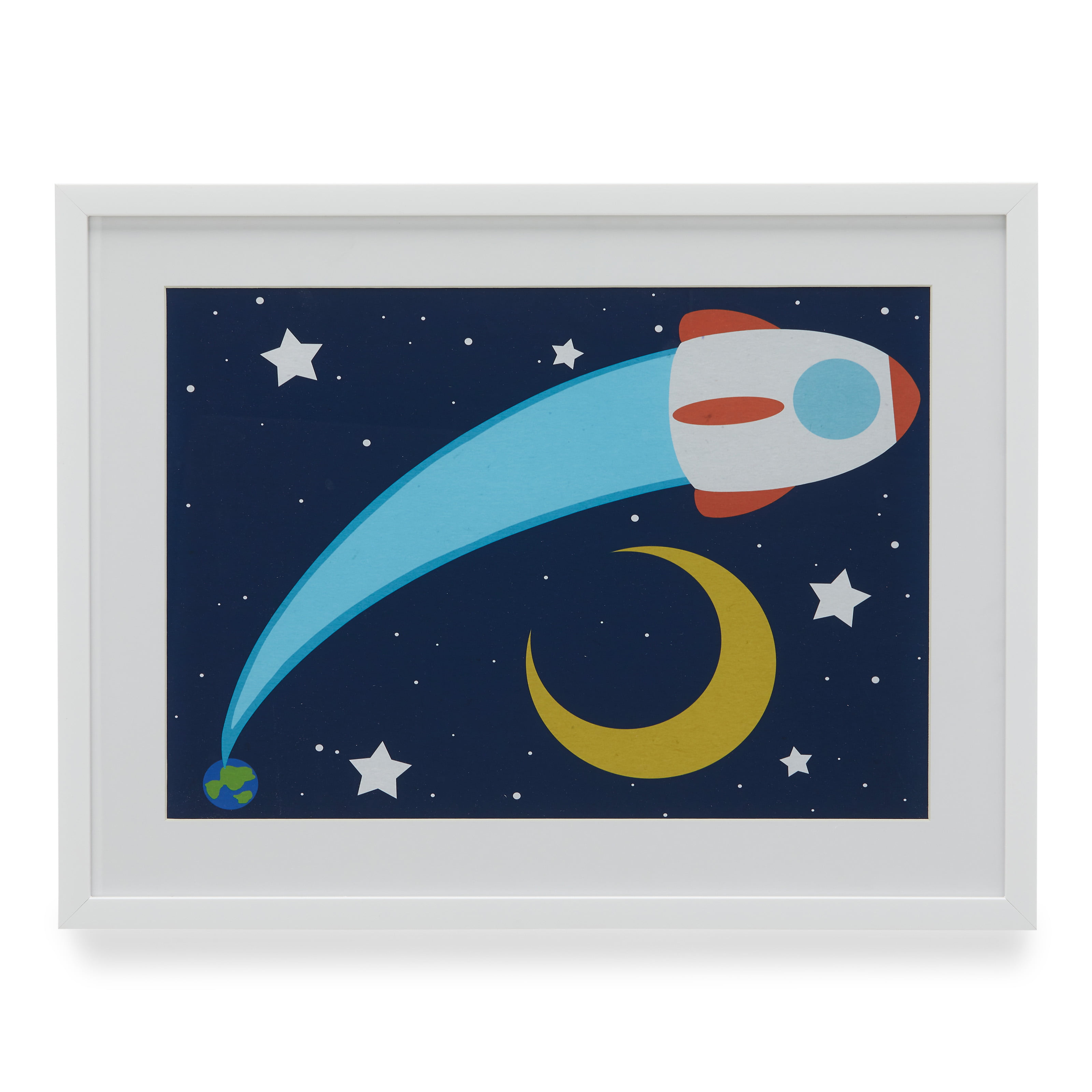 Nursery Cartoon Rocket to the Moon Framed Wall Art by MoDRN 