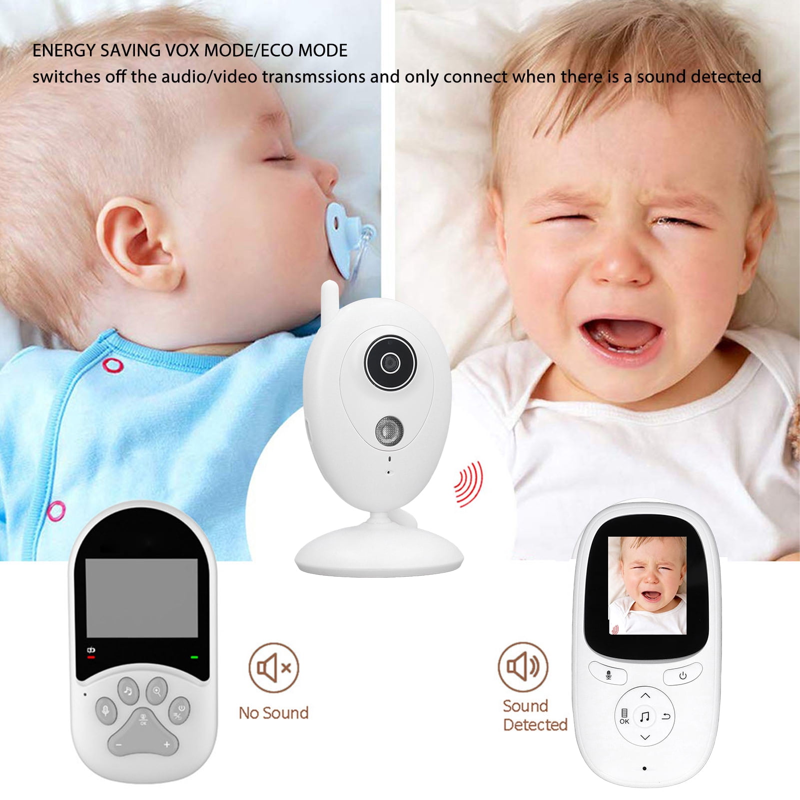 YAHHU 2.0-Inch HD Video Baby Monitor System with Night Vision, Two-Way Audio Talk, Room Temperature Sensor, Built-In Lullabies, and Extended Battery Life, White, US Plug Edition