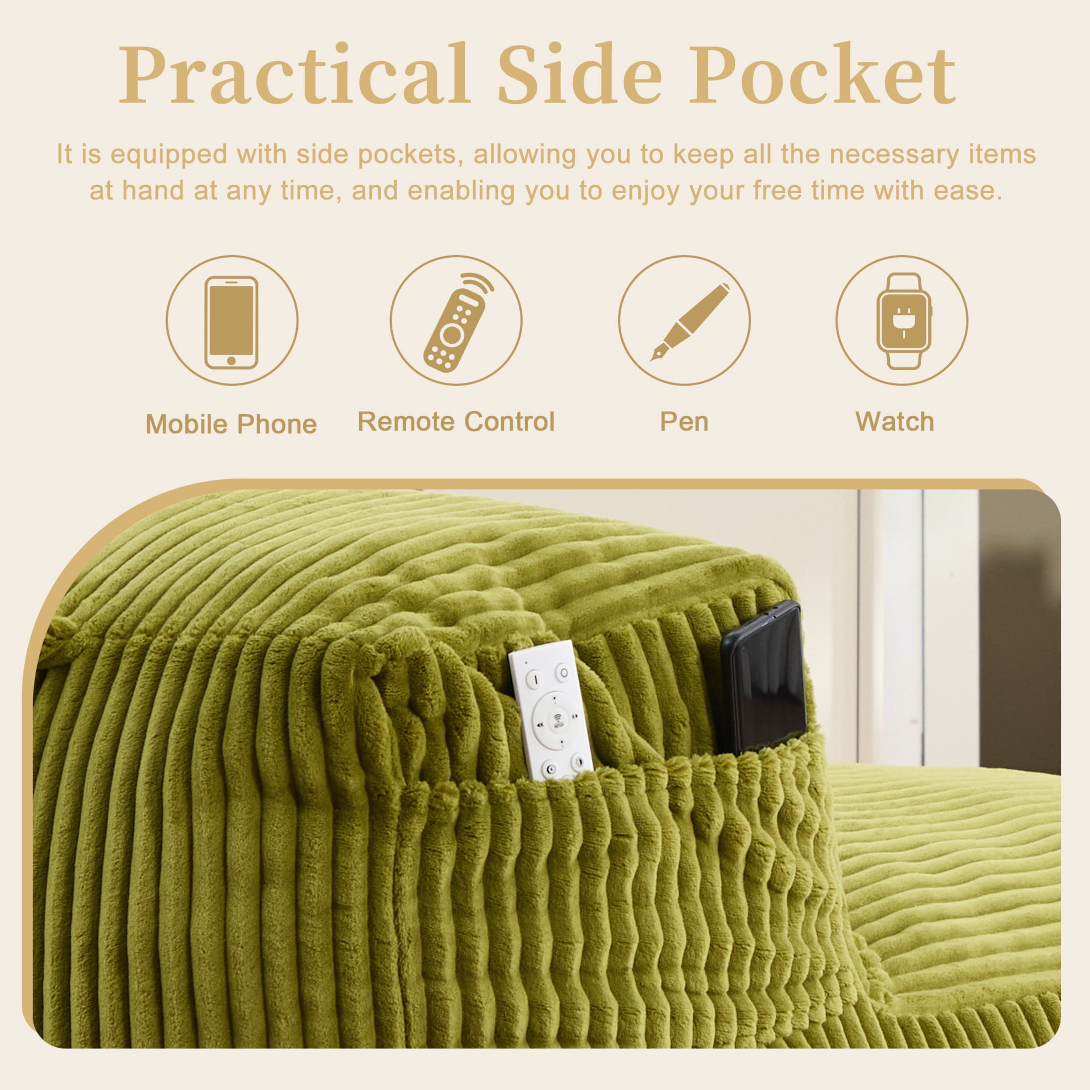 Noble House Corduroy Bean Bag Lounge Chair with Ottoman, Memory Foam Bean Bag Sofa, Olive