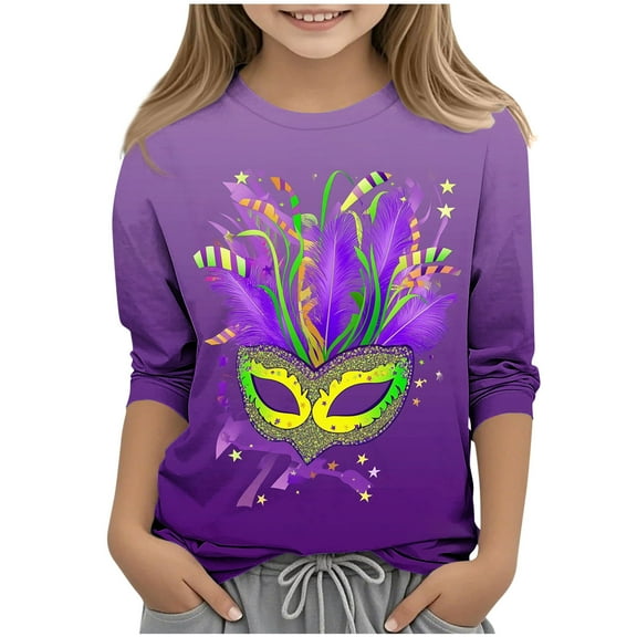 Riecok Mardi Gras Outfits for Kids Masquerade Mask Sparkly Sequins Print 3/4 Sleeve Crew Neck Fashion Mardi Gras Shirts for Kids Mardi Gras Clothing 3 T Purple