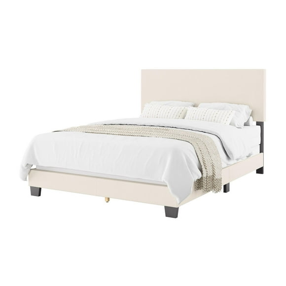 CorLiving Celeste Off-White Boucle Fabric Upholstered Adult Bed with Headboard, Box Spring Required