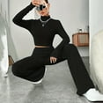 thumbnail image 3 of Meresysid Women New Knitted Long Sleeve Set Hoodie Loose Pants Two Piece Set Long Sleeve Round Neck Top/Shirt Suit Black, 3 of 8