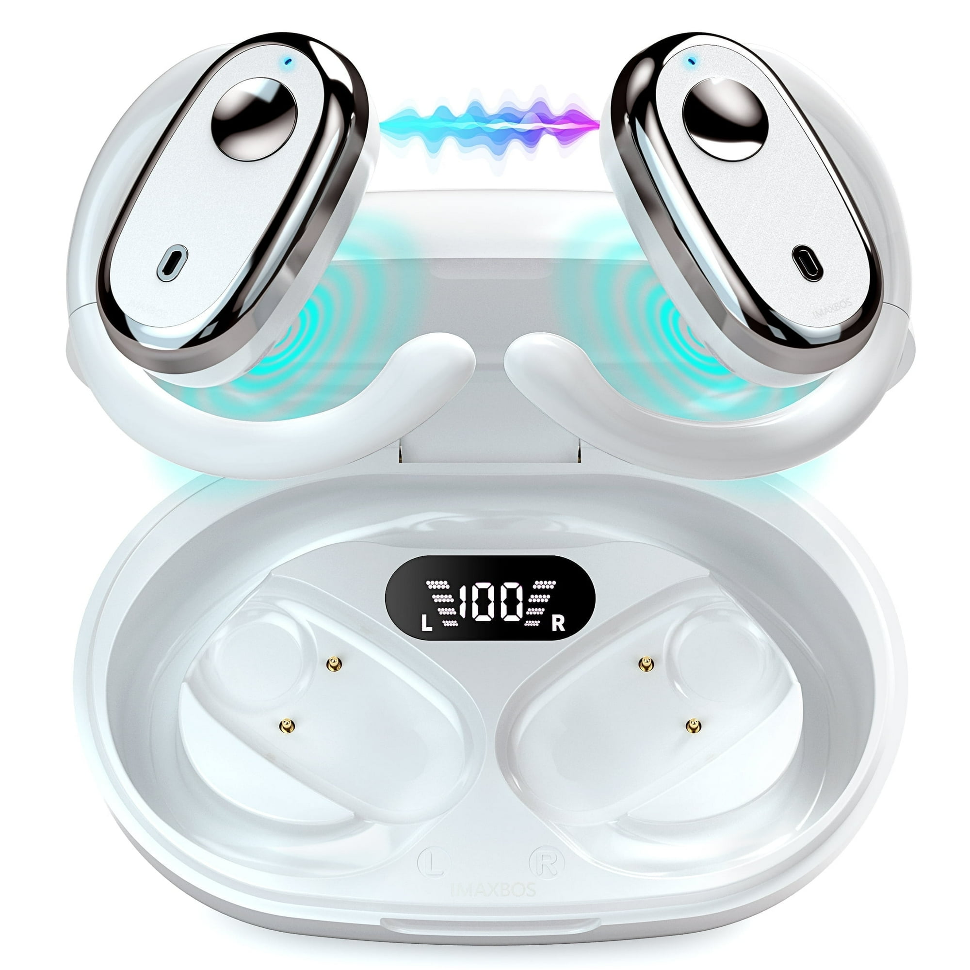 IMAXBOS Open Ear Bluetooth 5.4 Earbuds, 36H Playtime, HiFi Stereo, ENC Calls, IPX5 Waterproof, Lightweight Sports Earphones with Digital Display for Running & Workouts. Stay aware of surroundings.