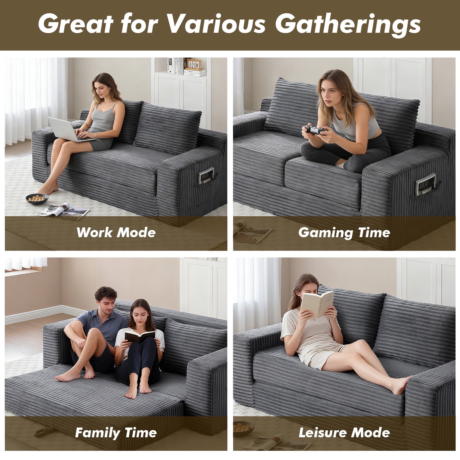 Memory Foam Cloud Sofa Bed 2-in-1 Couches No Assembly Corduroy Small Space Apartment Living Room,Grey