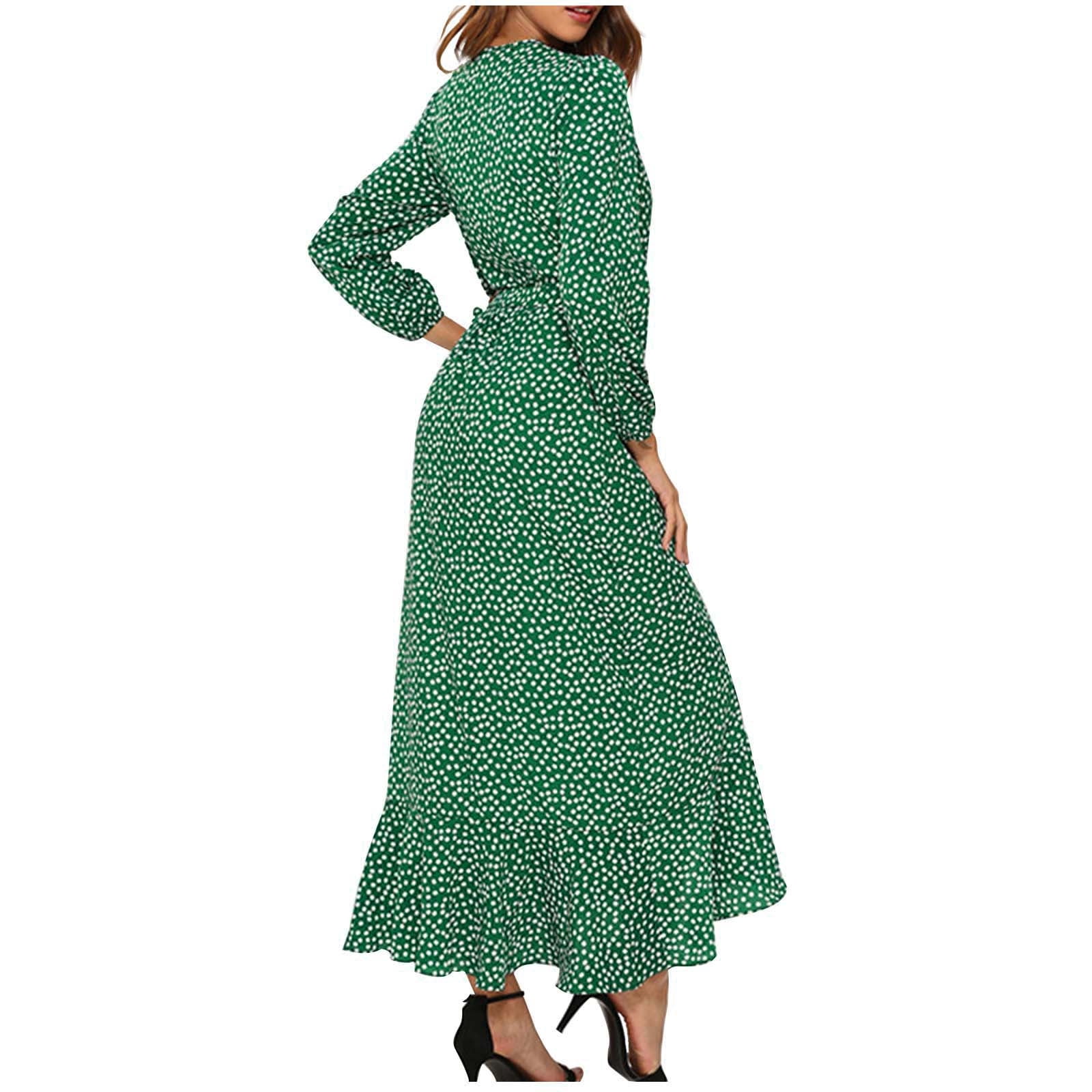 Womens Long Sleeve Wrap Maxi Dress Boho Polka Dots Print V Neck Long Beach  Dress Ruffle Tie Waist Side Slit Sun Dress - Walmart.ca