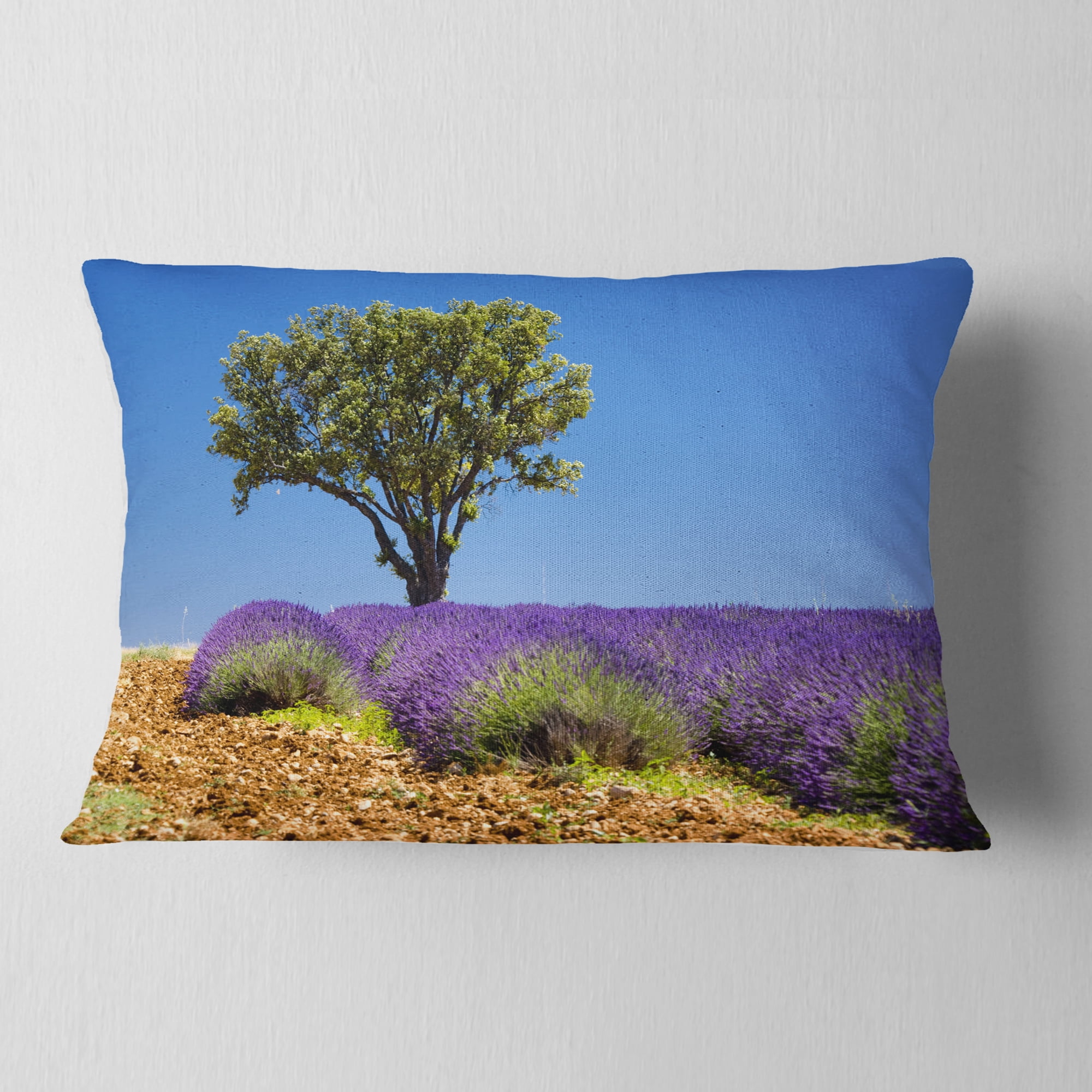 Designart Lone Green Tree in Lavender Field - Landscape Printed Throw Pillow - 12x20