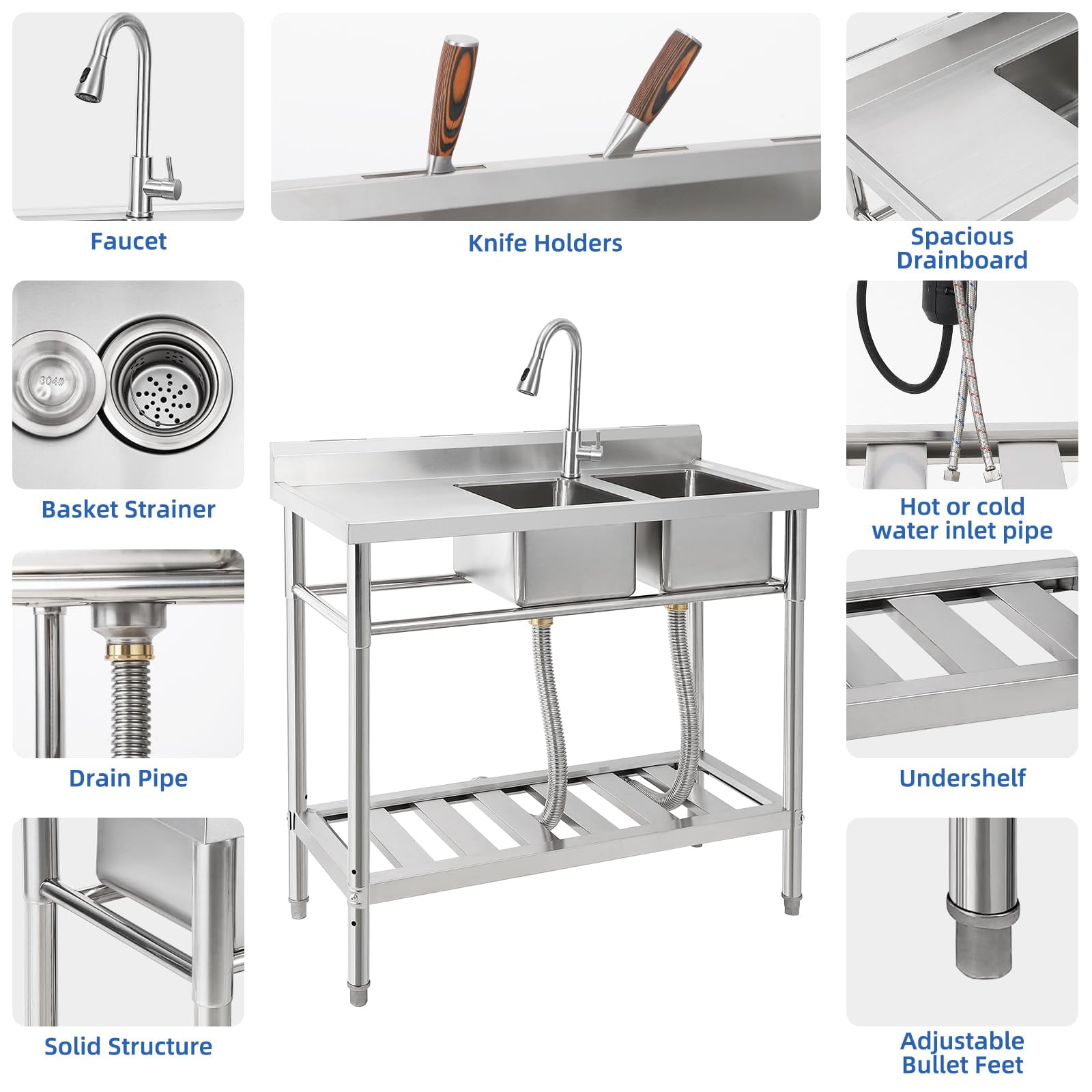 Huisuilinss Stainless Steel Utility Sink, 2-Compartment Commercial Kitchen Sink with Pull-Out Faucet, 47 Inch 39Inch Freestanding Sink with Workbench and 2 Storage Shelves for Laundry Room Bathroom