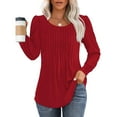 thumbnail image 1 of HKEJIAOI Tunique à Manches Longues Bouffantes pour Femmes, Col Rond Plissé, Blouses Décontractées, T-Shirts Amples et Élégants, Rouge L, 1 of 6