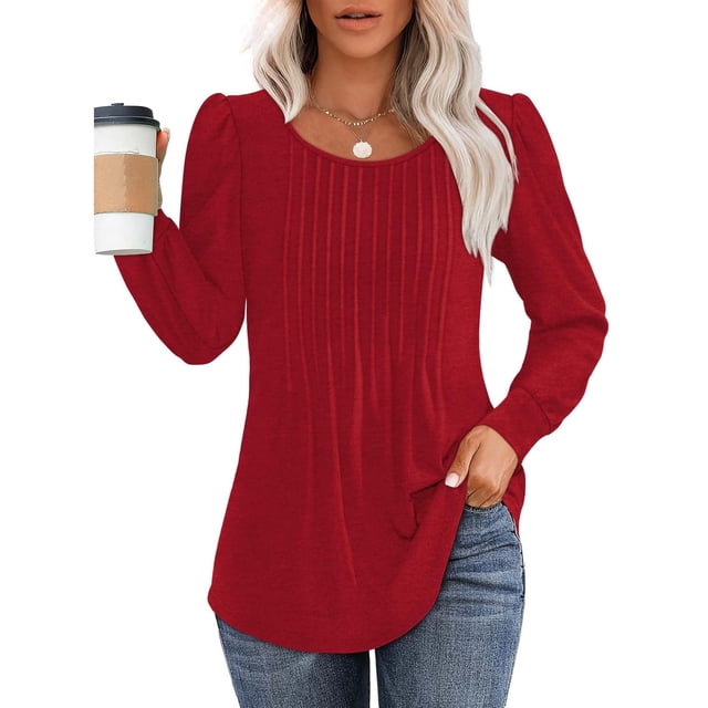 HKEJIAOI Tunique à Manches Longues Bouffantes pour Femmes, Col Rond Plissé, Blouses Décontractées, T-Shirts Amples et Élégants, Rouge L