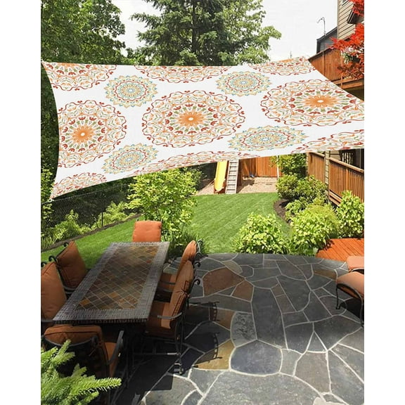 Sun Shade Sail 12x16Ft Boho Style Bohemia Mandala Floral Orange Uv Block Sunshade Canopy Outdoor Shade Cover Rectangle Shade Cloth For Patio Garden Yard Deck Pergola