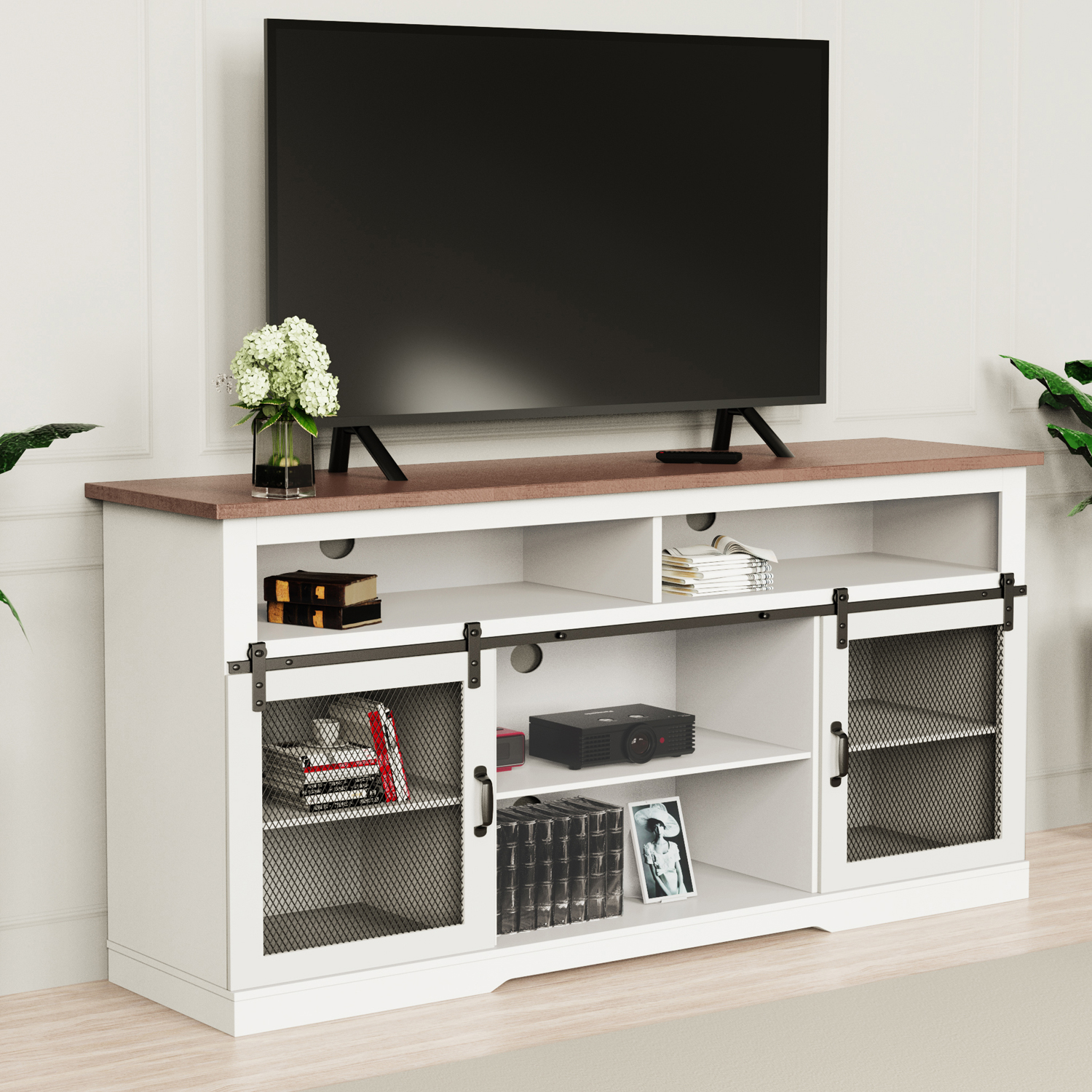 Farmhouse TV Stand with Sliding Barn Door, Entertainment Center for 65