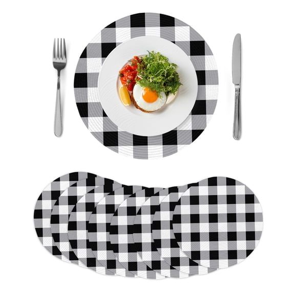 Vintage Farmhouse Round 13 Inch Placemats Set of 8, Black and White Checkered HeatResistant Non Slip Place Mats for Dining Table, Wipeable Braided Kitchen Table Mats for Housewarming
