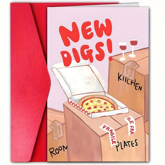 New Home Greeting Card – "New Digs!" Pizza Box Design – Envelope Included, Blank Inside – Perfect for Housewarming Celebrations and Moving Announcements