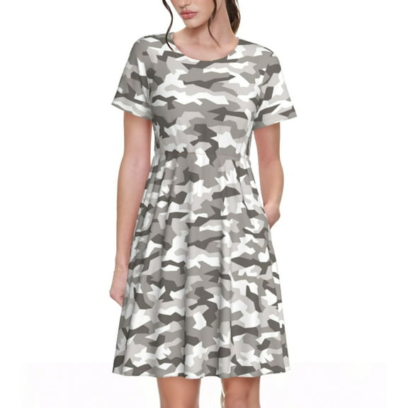 Spring Summer Dresses for Women 2025 - White Grey Camouflage Wedding Guest Dresses, Beach Vacation Clothes, Hawaiian Sundresses Casual Short Sleeve Dress for Women with Pockets