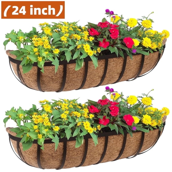 Gamexcel 24" Horse Troughs Deck Window Box Railing Planter with Coco Fiber Liner Metal Fence Balcony Patio Porch Over Rail, 2-Pack