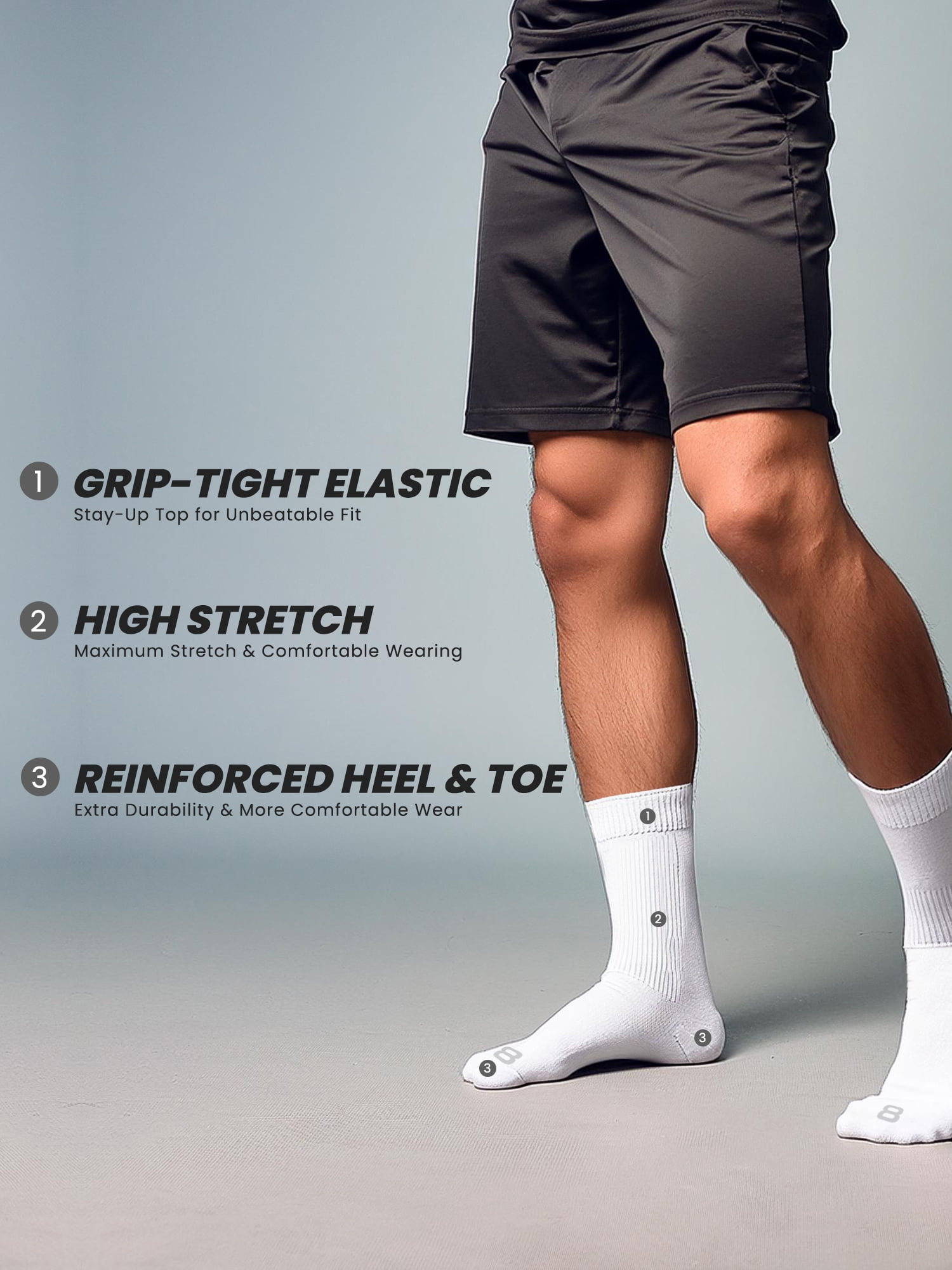 Layer 8 Cushioned Crew Socks for Men Breathable Athletic Socks with Moisture-Wicking Quick Dry Fiber, 12 Pairs, White