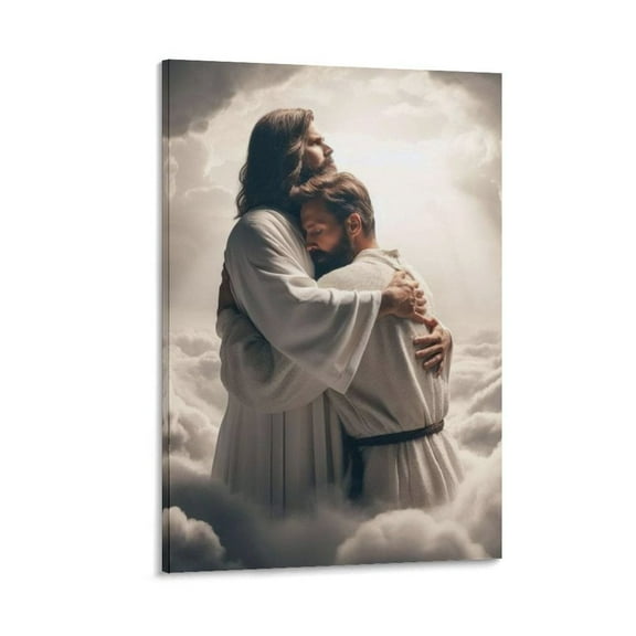 Jesus Christ Wall Art - Jesus Hugging Man in Heaven Painting - Bible Black And White Poster Canvas Wall Art Poster Decorative Bedroom Modern Home Print Picture Artworks Posters 20x30inch(50x75cm)