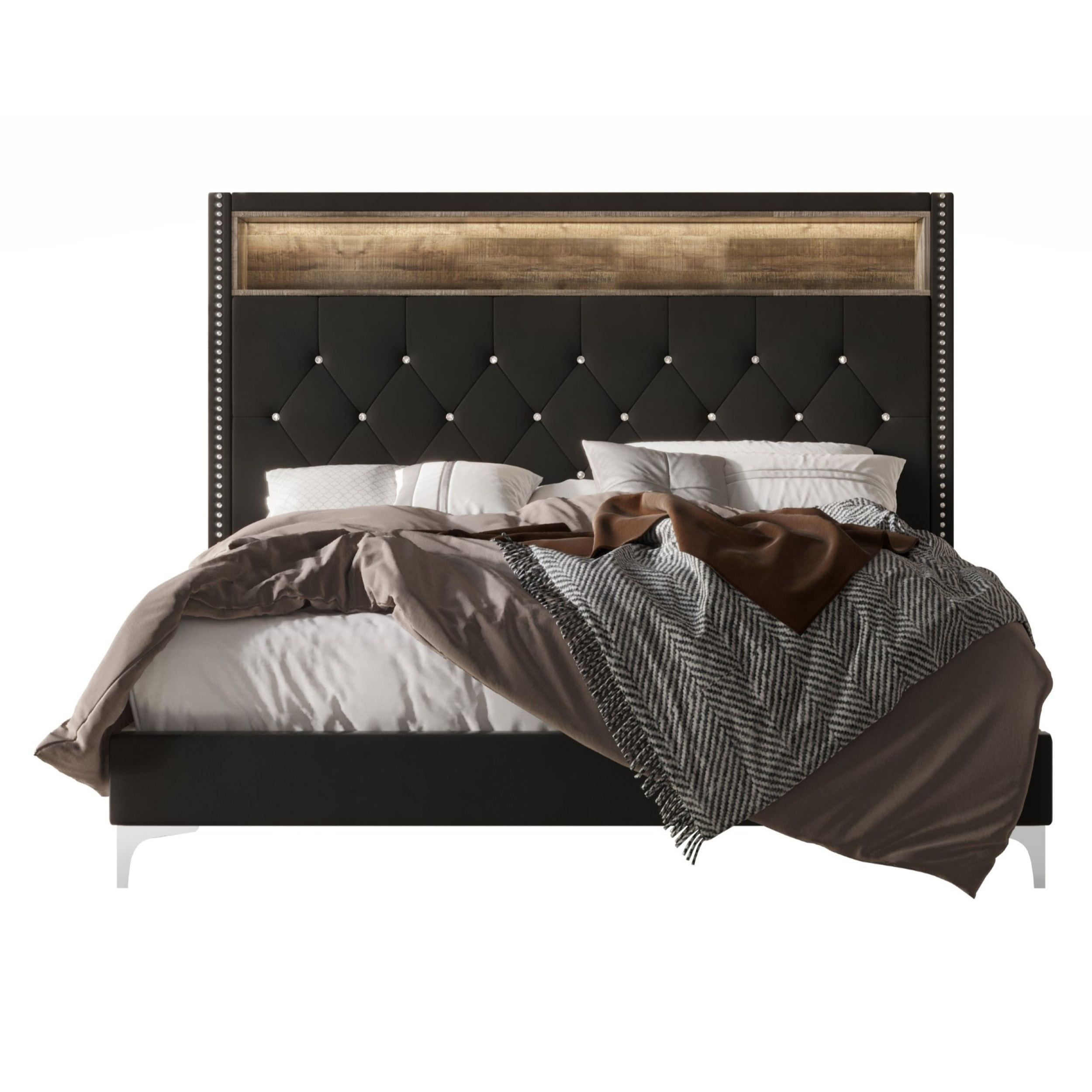 Home Design Javan King Velvet Upholstered Bookcase Panel Bed Frame for Adult, Black, Easy Assembly
