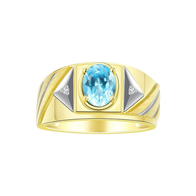 RYLOS Men's Rings Yellow Gold Plated Silver Rings Classic Designer Style 8X6MM Oval Gemstone & Diamond Ring Blue Topaz Birthstone Rings For Men Size 12