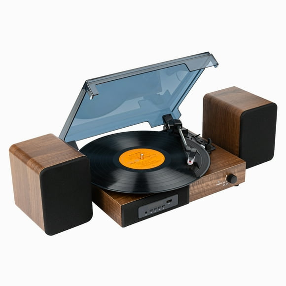 Fawoonu Vintage MZL-ZH101 Turntable with Bluetooth 5.0, AUX, USB, FM Radio, 3-Speed LP Record Player, Walnut Finish, Includes Dual Speakers, 7/10/12 Inch Record Compatibility, 110-240V.