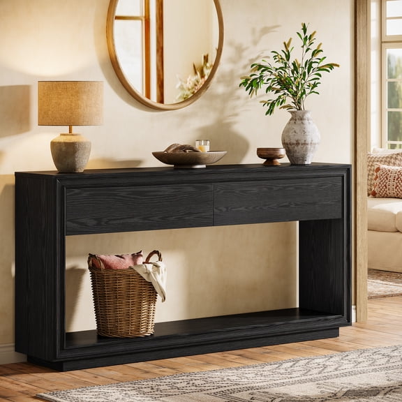 Finmind Console Table with 2 Drawers, 63 inch Farmhouse Entryway Table with Storage for Living Room, Hallway, Black