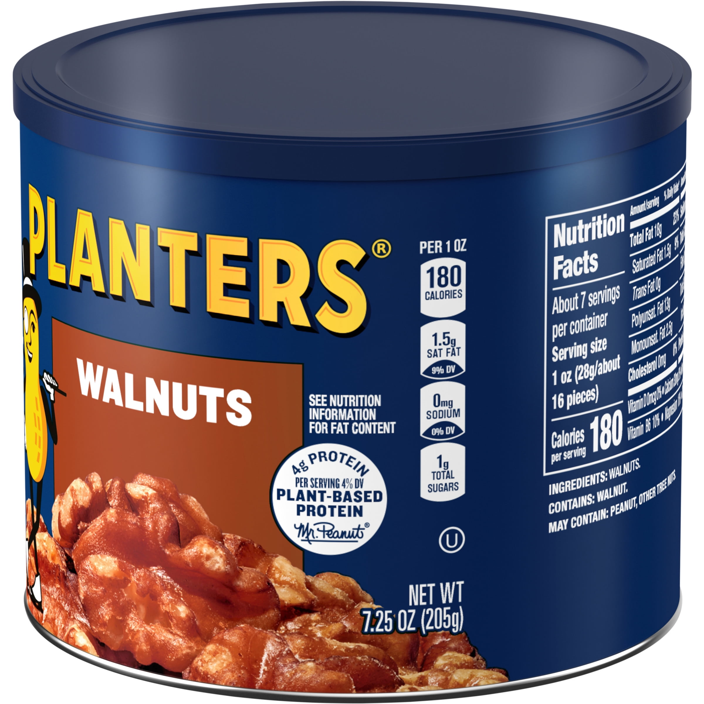 PLANTERS Walnuts, Snack Nuts Whole, Kosher, Plant Based Protein, 7.25 oz Canister