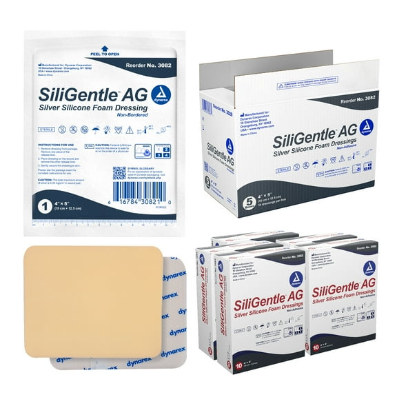 Dynarex SiliGentle AG Silver Silicone Foam Dressings, Wound Care, Soft & Absorbent, White, 4” x 5” Non-Adhesive Foam Pad Dressing with Silicone Layer, 1 Case of 50