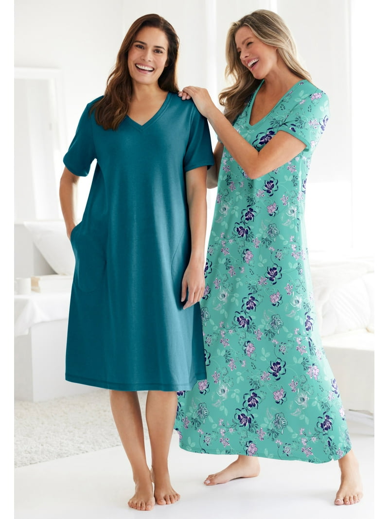 Dreams & Co. Plus Size Long Lounge Dress - V-Neck, Short Sleeves, Side Pockets, Cotton/Poly Blend