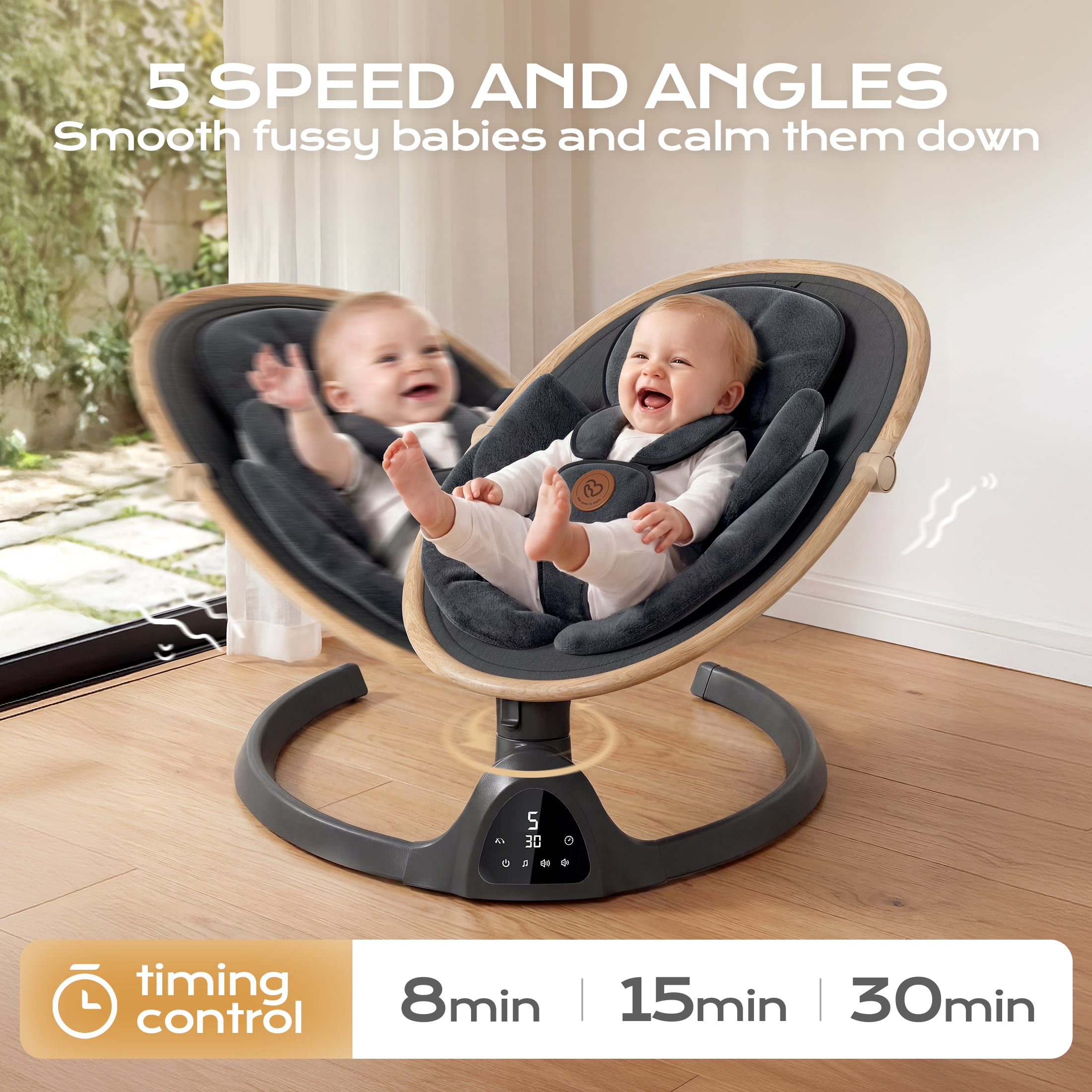 Baby Swing, Portable Bluetooth Infant Swing with Timer, 5 Speeds, 10 Lullabies, 5-Point Harness, Black