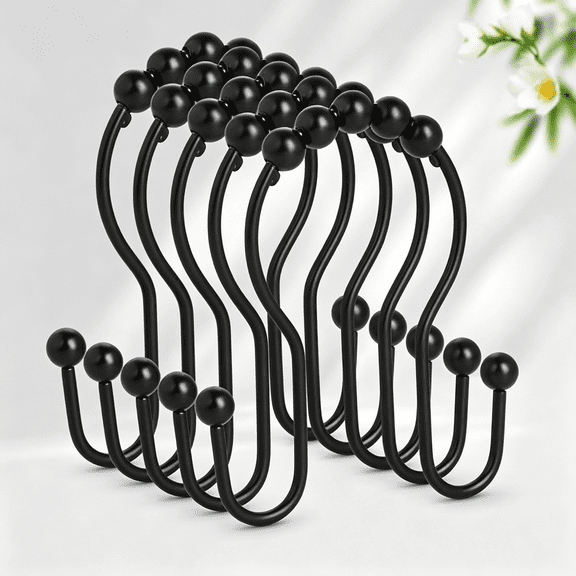 ZHZFKQ Shower Curtain Hooks Sturdy Metal Black Shower Curtain Rings Glide Roller Double Shower Hooks Rust Proof Anti-Drop Curtain Hooks 12 Pcs Smooth Sliding Rings Bathroom Shower Rods Curtains