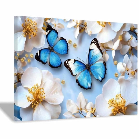Mudket Framed Floral Canvas Wall Art Blue Butterfly White Magnolia Gold Dot Prints Wall Decor Modern Botanical Canvas Print Ready to Hang for Bedroom Living Room Wall Pictures - 12"L x 8"W