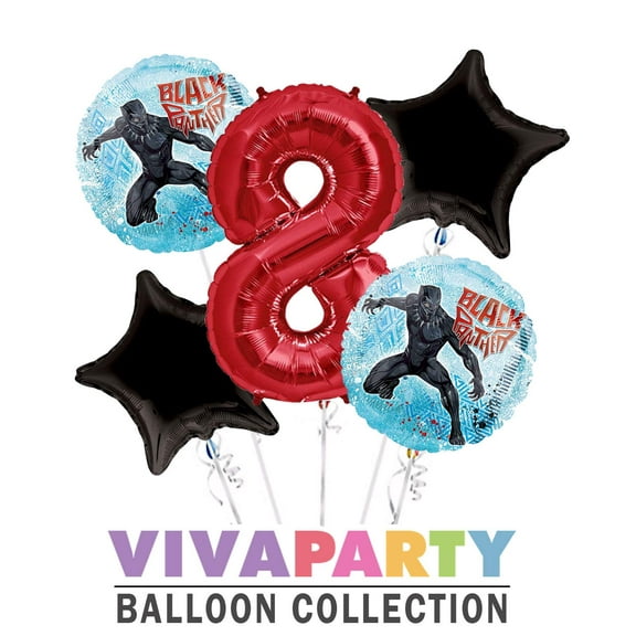 Black Panther Round Balloon Bouquet 5 pc, 8th Birthday, Red Number 8 Jumbo Balloon | Viva Party Balloon Collection